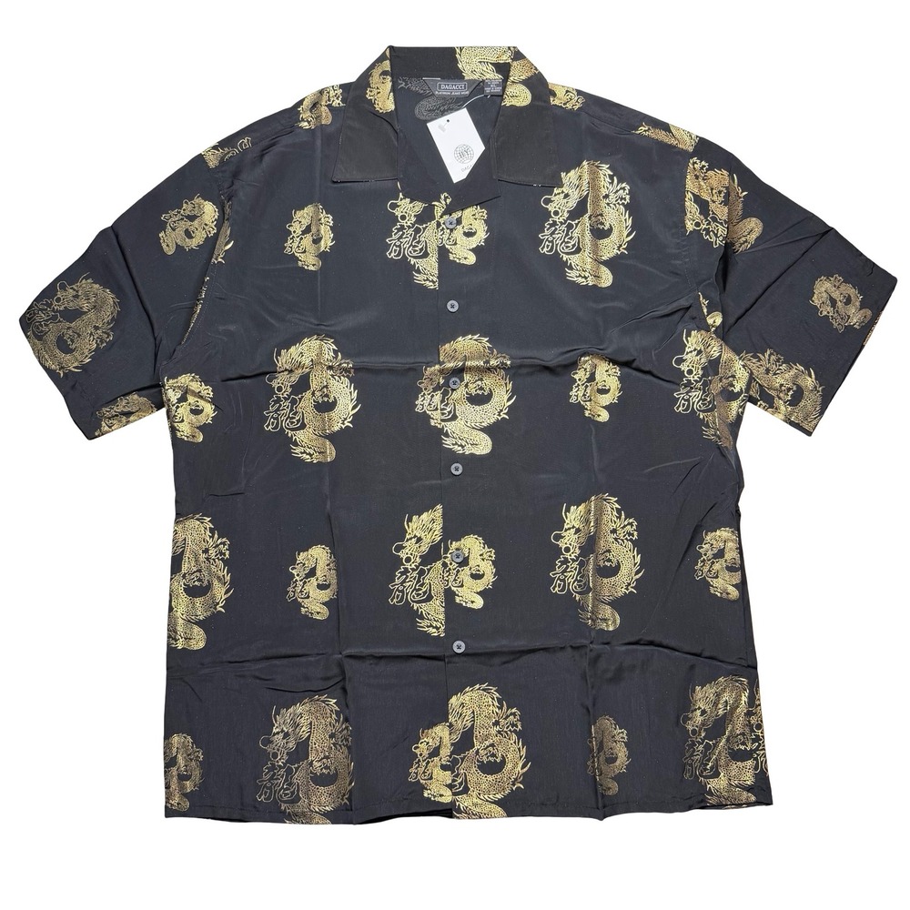 Vintage 2000s Y2K Dagacci dragon polyester black gold loose baggy shirt XL